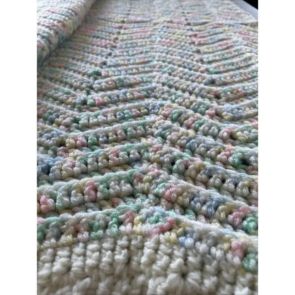 Vintage Handmade Baby Blanket Pink‎ Blue White Green Yellow Crochet 36x36